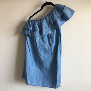 One Shoulder Chambray Ruffle Dress 